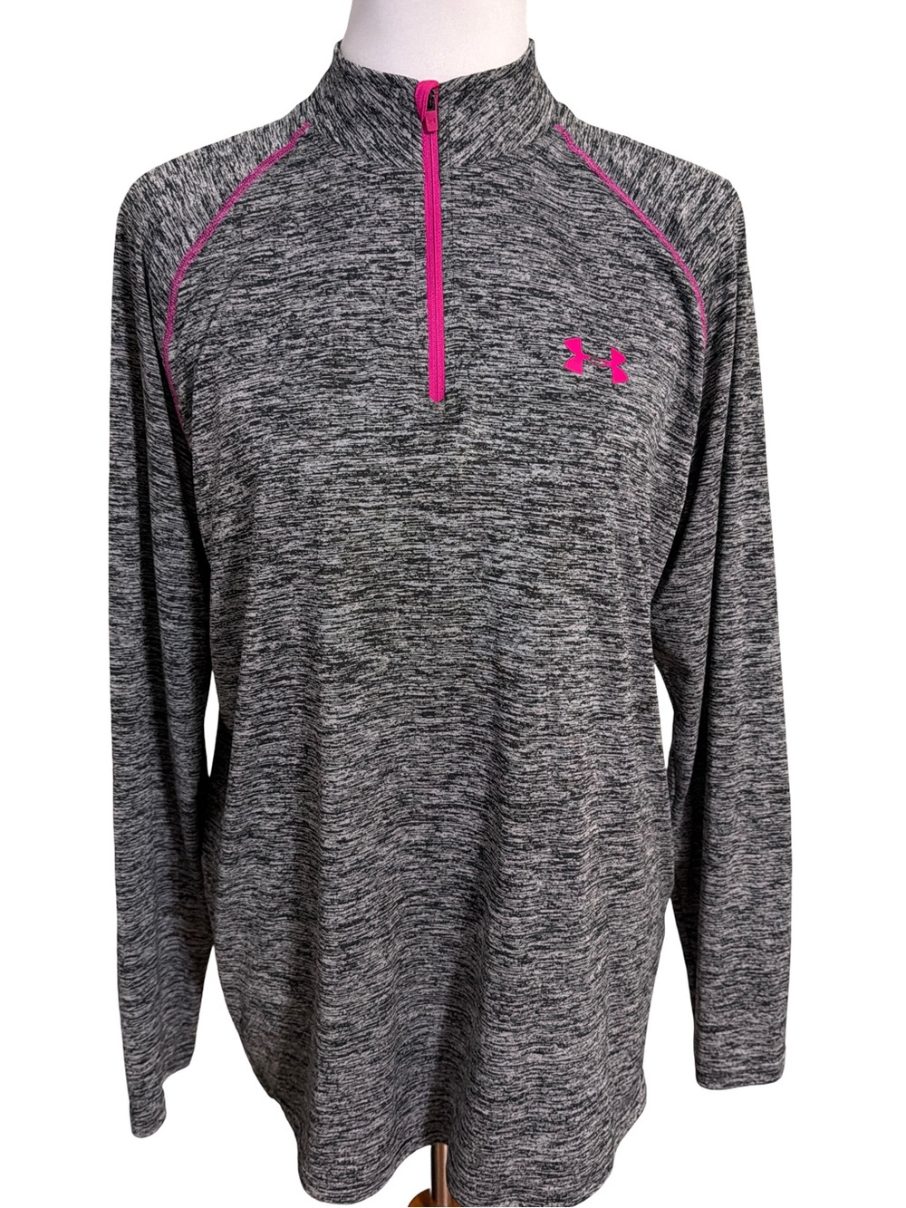 Under Armour Gray Heathered Quarter Zip Pullover Large Pink Trim